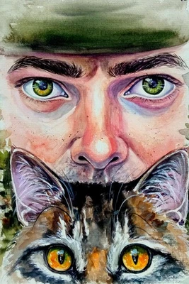 Ukrainian Soldier and Cat Painting – Emotional War Watercolor Art, Ukraine - Image 1 of 4