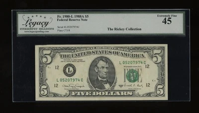 DBR 1988-A $5 San Francisco Fr. 1980-L Legacy 45 Serial L05207974C - Image 1 of 2