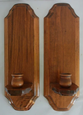 Vtg Set of 2 Wooden Wall Sconces Candle Holders Candlesticks 15" Tall 5" Across - Image 1 of 4