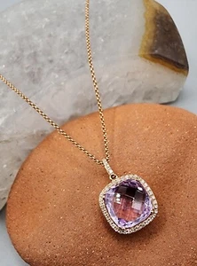 14k .585 Rose Gold Kunzite Cushion w 16" Curb Chain Necklace Au 2514 - Picture 1 of 11