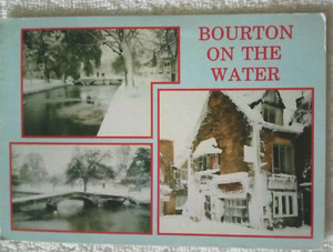 CARD;GLOUCESTERSHIRE;BOURTON ON THE WATER MULTIVEW WINTER ca1980