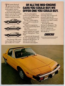 Vtg 1977 Fiat X1/9 Yellow Sports Car vs Ferrari vs Maserati vs Lambo Print Ad - Picture 1 of 1