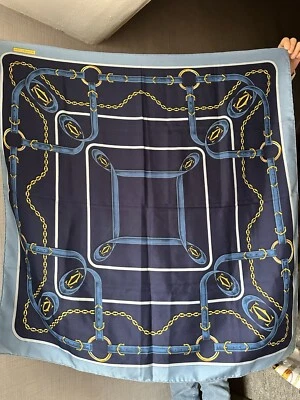 Cartier XL Bufanda de Seda, Must De Cartier 100% Seda Bufanda Azul Oro Cadenas Foto 1 de 4