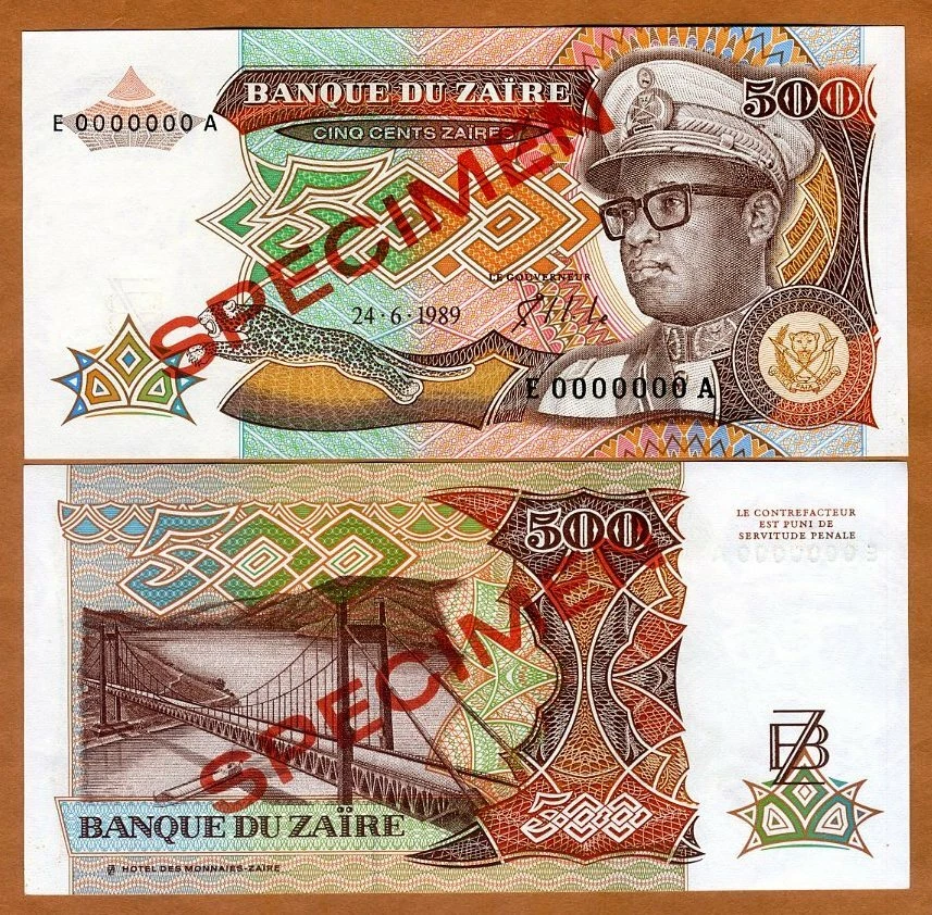 SPECIMEN, Zaire, 500 Zaires, 1989, P-34s UNC Mobutu - Image 1 of 1