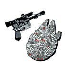 OFFICIAL STAR WARS HAN SOLO BLASTER AND MILLENNIUM FALCON METAL PIN BADGES (NEW)
