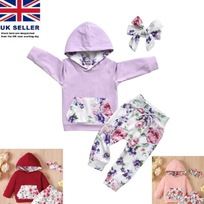 Infant Baby Girl Clothes Long Sleeve Floral Hoodie Sweatshirt Pants with Pocket - Image 1 of 4