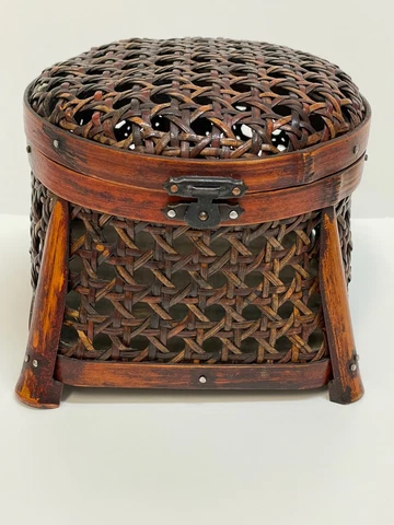 Vintage Unusual Shaped Basket with Latching Lid, Woven, Small, Tabletop Size Cover