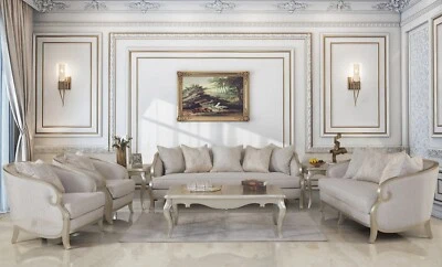 NEW Solid Wood French Country Upholstered 3PC Furniture Sofa Set Champagne Biege - Image 1 of 4