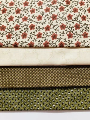 Lot of 4 Fat Quarters Cotton Fabric Olive Brown Cream Rust Geometric Lot #4A - Image 1 of 4