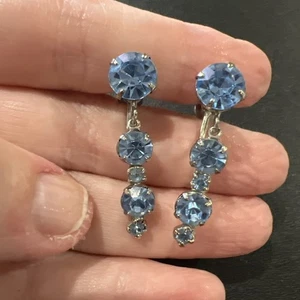 Vintage Rhinestone Screwback Danglevearrings Blue Stone  - Picture 1 of 9