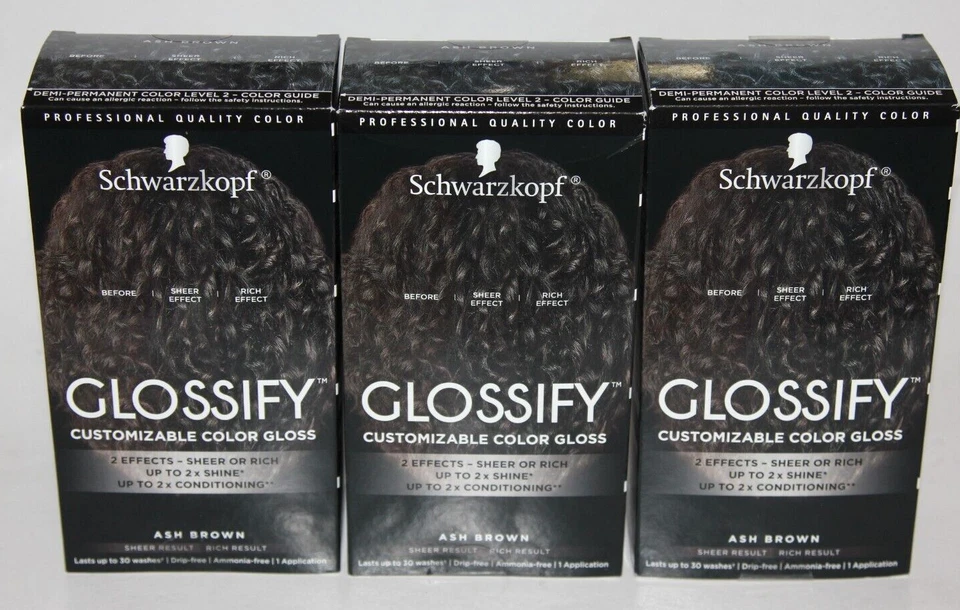 LOT (3) SCHWARZKOPF GLOSSIFY ASH BROWN EFFECT SHEER OR RICH HAIR COLOR GLOSS - Image 1 of 1
