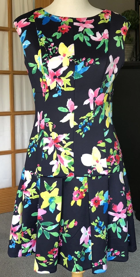 Chaps Floral Skater’s Dress Womens Sz 6 Blue Pleated Drop Waist Cottagecore Boho - Image 1 of 4