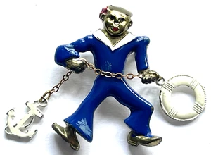 VINTAGE 1940s ERA NAVY SAILOR WITH LIFE PERSERVER & ANCHOR ENAMEL BROOCH PINBACK - Picture 1 of 4
