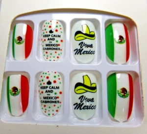 Viva Mexico Cabrones Nails Shiny Mexico Flag Cinco de Mayo Green GLUE ON Medium - Picture 1 of 2