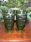 VTG Avocado Green Indiana Colony Whitehall Cubist 6" Footed Glasses 2 Piece Set
