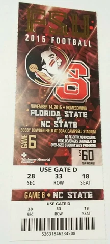 2015 Florida State Seminoles North Carolina State Wolfpack Football Ticket Stub Cover