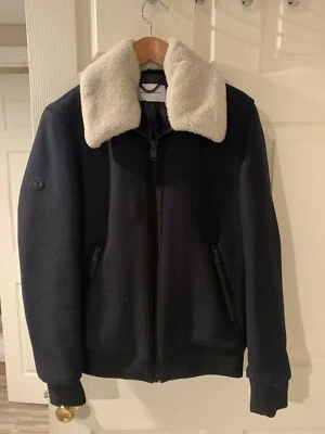 THE KOOPLES BLUE ZIPPED WOOL JACKET WITH SHEEPSKIN COLLAR - Image 1 of 4