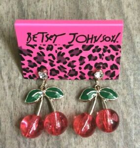 Betsy Johnson Red Cherries Dangling Pierced Crystal Stud Earrings a New Style!