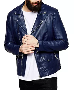 New Men's Genuine Lambskin Leather Biker Jacket Slim Fit Motorcycle Blue Jacket - Picture 1 of 4