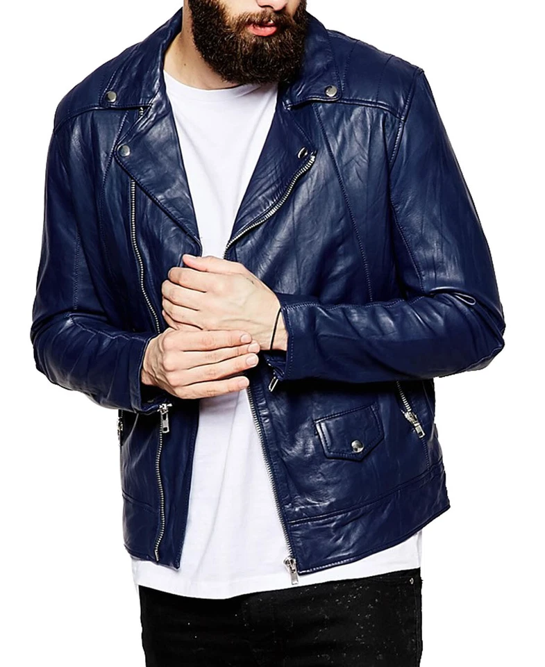New Men's Genuine Lambskin Leather Biker Jacket Slim Fit Motorcycle Blue Jacket - Image 1 of 4
