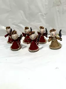 6 Vtg Xmas Angel Ornaments Spun Cotton Face Paper Wings Bottle Brush Tree Japan - Picture 1 of 6