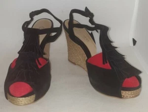 Next Womens Black Fringed Suede Jute-covered Platform Wedged Sandals Size UK 5. - Picture 1 of 8