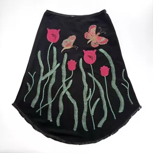 Ilyse Hart schwarz Blumen Tulpen rot grün Schmetterlinge BoHo bestickt Rock 16 - Bild 1 von 10