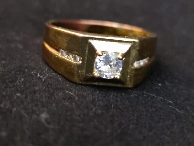 FACETED MOISANITE GENTS RING 18K YELLOW GOLD PLATED STERLING SILVER VINTAGE  - Image 1 of 4