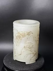 Chinese Exquisite Handmade Landscape Figures carving Hetian Jade Brush Pot - Picture 1 of 9