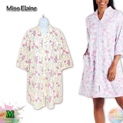 NWD Miss Elaine Women's M 3/4-Sleeve Printed Short Zip Robe Pink Floral $86 - Image 1 of 4