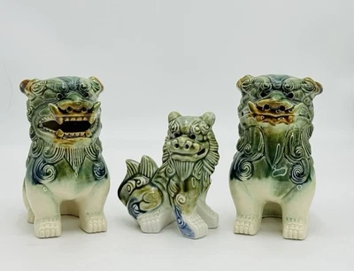 Guardian Foo Dog Statues Shishi Lions Chinoiserie Décor 7”, 5.5” Set Green Blue - Image 1 of 4