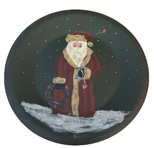 Vintage Hand Painted Wood Plate St Nick , Wreath & Doll Signed Cheryl Wrin 1990 - Picture 1 of 4