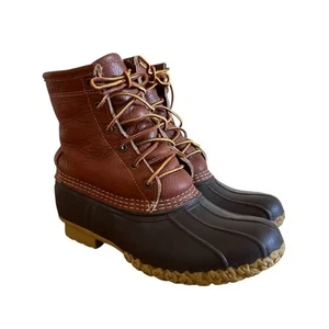 LL Bean Duck Boots Size 8 Shearling Lined Brown Leather Rubber Lace Up - Picture 1 of 11