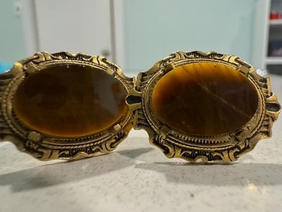 Vintage Tigers Eye Cufflinks Oval Raised Stones Filigree Gold tone Setting - Image 1 of 4