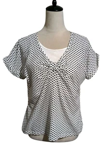 Silverwear New York Short Sleeve Polka Dot Top Black White Ruched Front Large - Picture 1 of 12