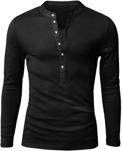 Doublju Hombre Basic Slim Fit Jersey de manga larga Camisas Henley NEGRO 4XL - Imagen 1 de 4