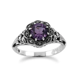 Estilo Art Nouveau Redondo Amatista Y Marcasita Floral Anillo En 925 Plata - Imagen 1 de 4