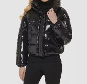 DKNY Women's Black Stand-Collar Logo Back Full-Zip Puffer Coat Jacket Size XS - Picture 1 of 2