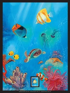 Caribbean Marine Life, Fish, Turtle - Framed Wall Art with Postage Stamp - Picture 1 of 2