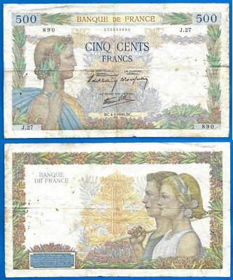 France 500 Francs 1940 4 January Serie J La Paix Great Bill Free Shipping World - Image 1 of 3