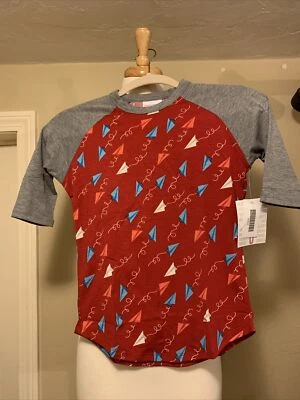 NWT LuLaRoe Sloan 8 Baseball T- Red Paper Airplanes Gray Sleeve Htf Americana - Image 1 of 3