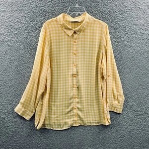 Denim Co Womens Top 1X Yellow White Check Button Front Georgette Shirt Pocket - Picture 1 of 12