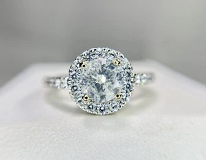 14k White Gold Natural Round Brilliant Diamond Halo Engagement Ring - Picture 1 of 6