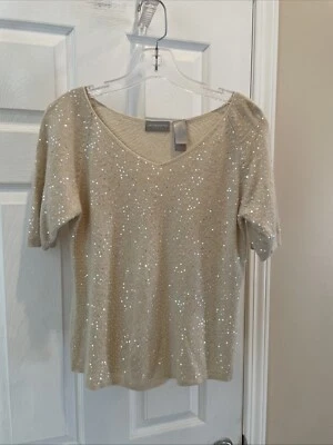 Colección Liz Claiborne, bonito beige lentejuelas manga corta talla M Pull over Foto 1 de 3