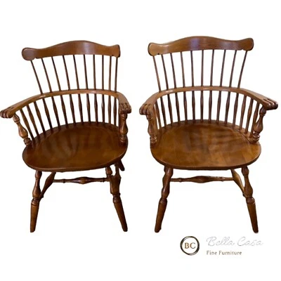 De Colección Ethan Allen Madera de Arce Nuez moscada Peine Respaldo Giratorio Mates Sillas PAR Foto 1 de 4