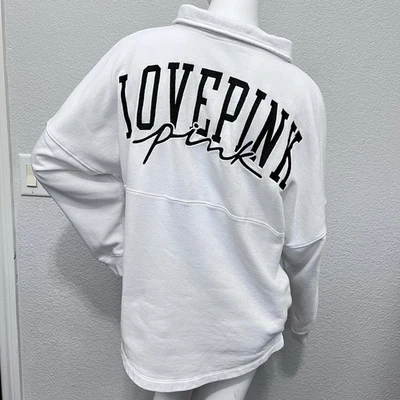 Victoria’s Secret ROSA Blanco Terry 1/2 Cremallera Mujer S Suelto Bordado Love Campus Foto 1 de 4