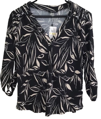 Blusa para mujer Cable & Gauge negra con patrón de hojas beige manga mediana 3/4 NUEVA Foto 1 de 4