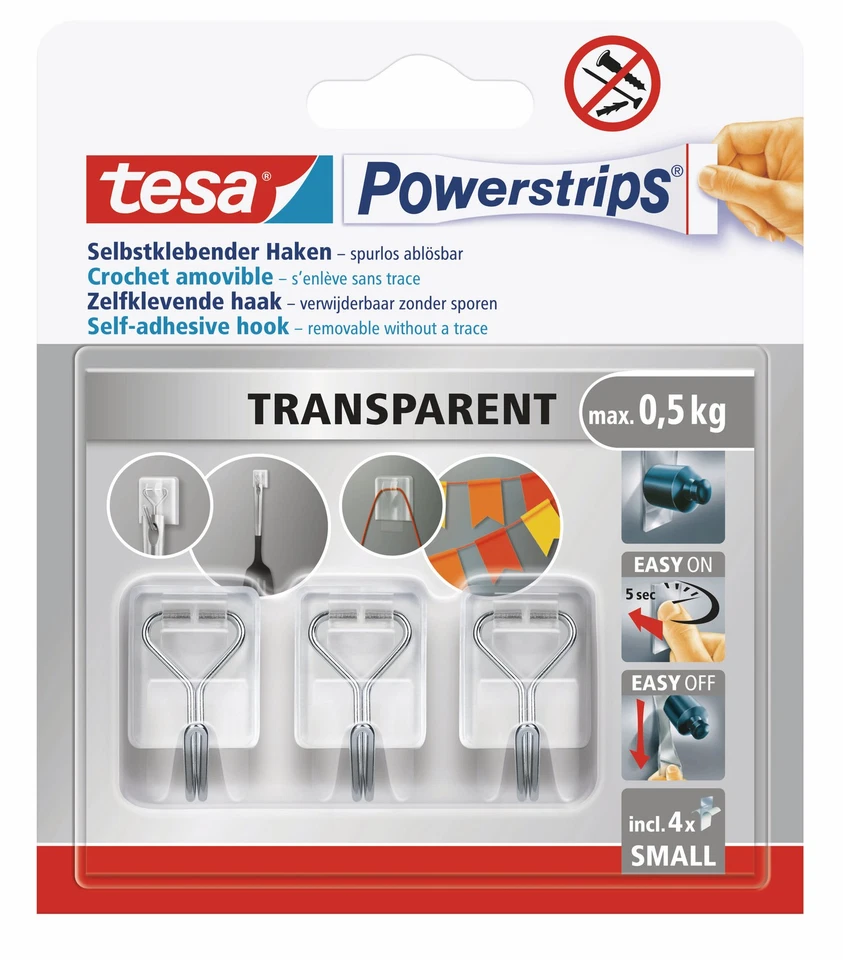 tesa Powerstrips S selbstklebende Haken mit Drahthaken Klebehaken Transparent - Bild 1 von 4