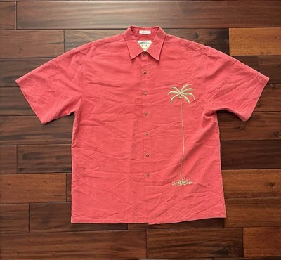Vintage Bamboo Cay Shirt Large Red Hawaiian Embroidered Palm Tree Rayon Modal - Image 1 of 4
