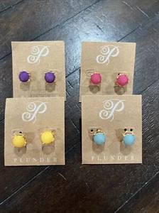 New Plunder Earrings Studs Set in Gold - Lot Of 4 (Purple, Pink, Yellow, Blue) - Picture 1 of 1